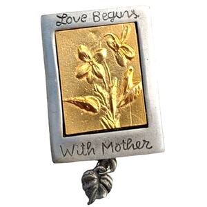 Vintage M BASTIN Pewter Brooch Pin (1999) Love Begins With Mother, Flower